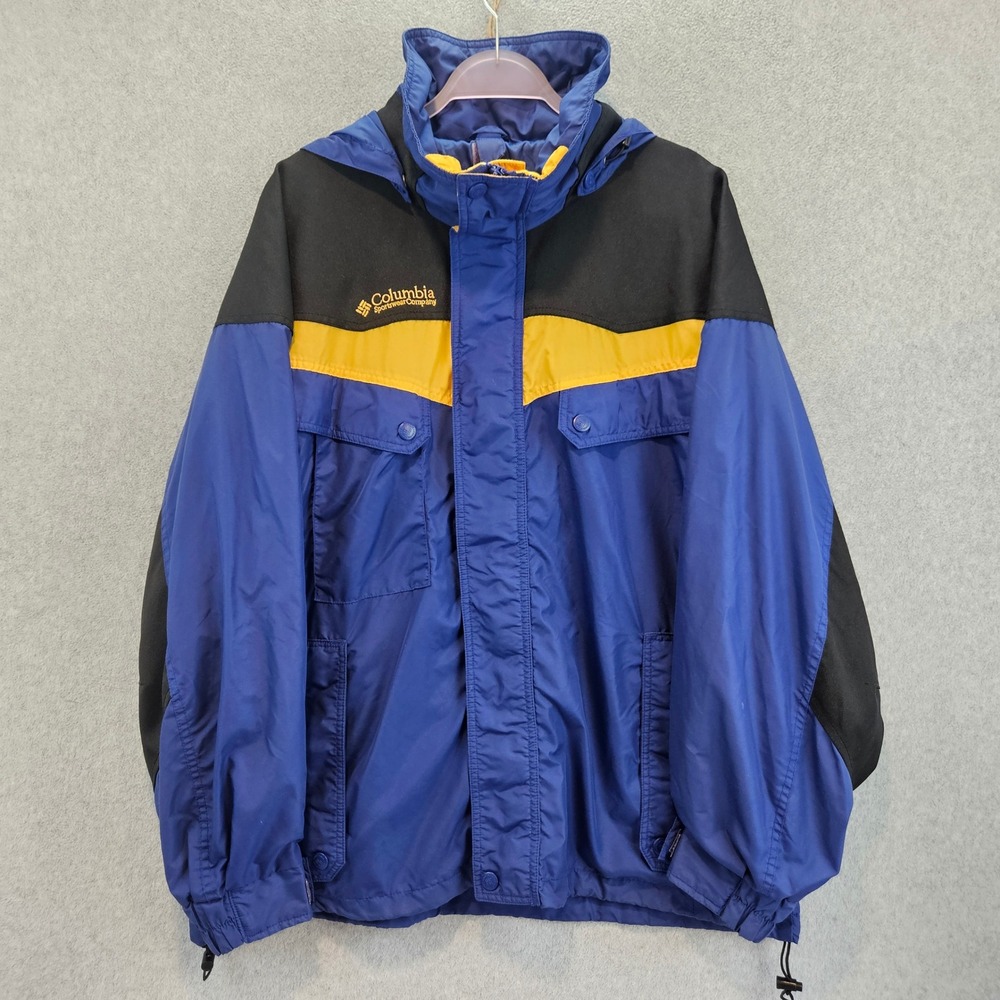 COLUMBIA Boulder Ridge Jacket Mens L Blue Yellow Hooded Gorpcore Hiking Coat